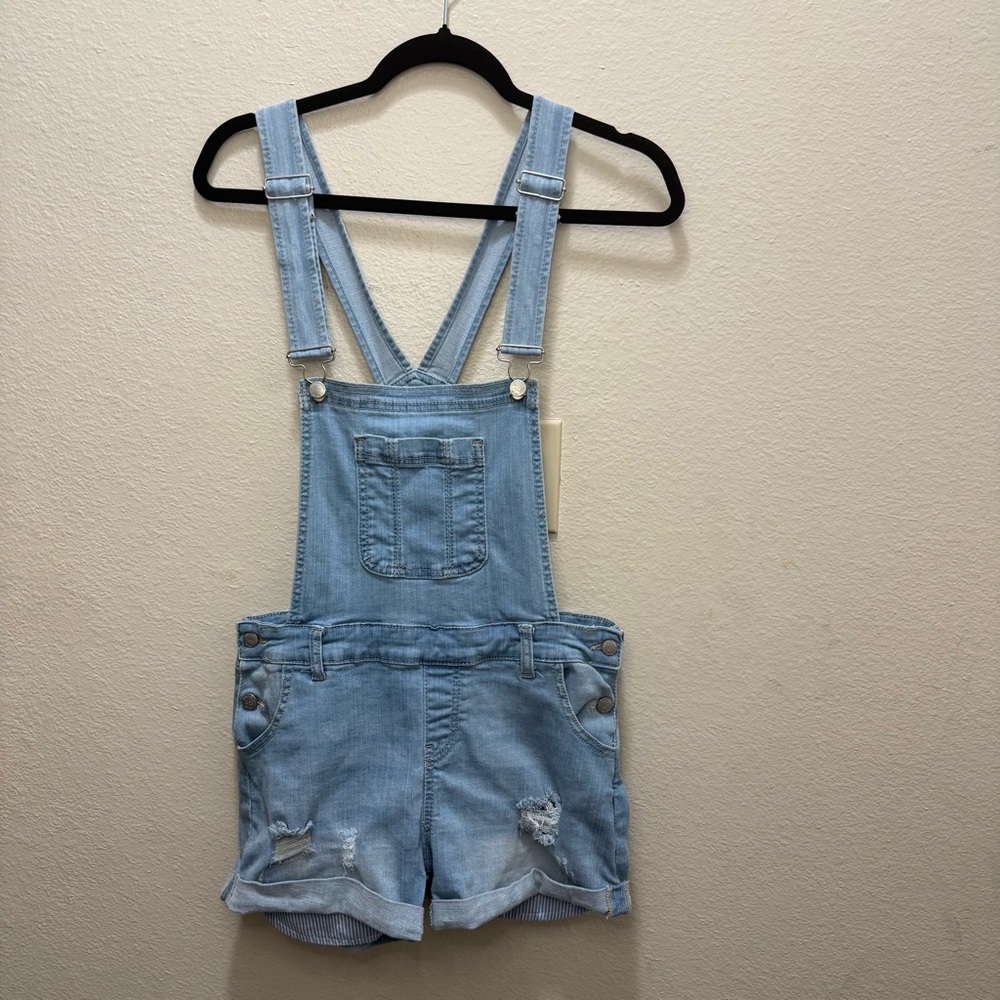 WAX JEAN Basic Denim Overalls Shorts Women L Light Blue Rolled Hum Distressed